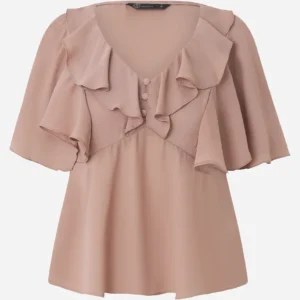 Blusa em Crepe com Mangas Curtas Estilo Borboleta Rosa
